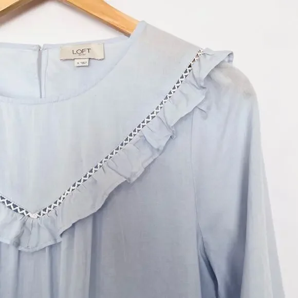 Loft Ruffle Long Sleeve Blouse Cotton Sheer Cottagecore Prairie Size Small Blue - Picture 3 of 16